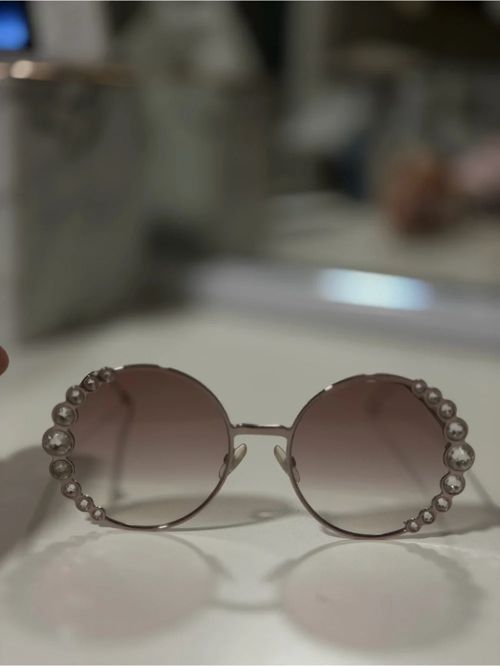 Fendi Pink Round Sunglasses with Pearl Trim